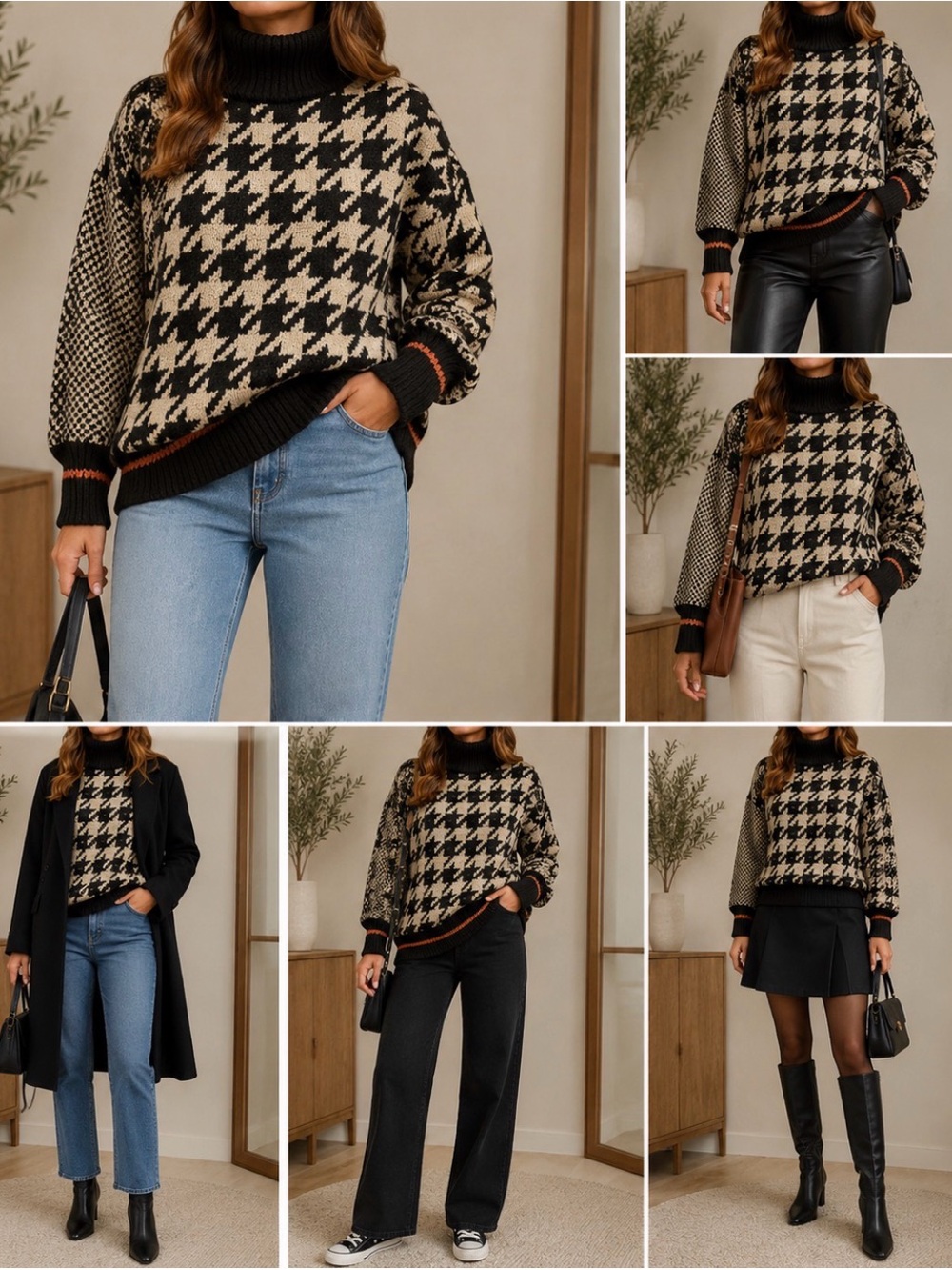 VENUS Black and Cream Houndstooth Turtleneck Sweater - Women’s Large